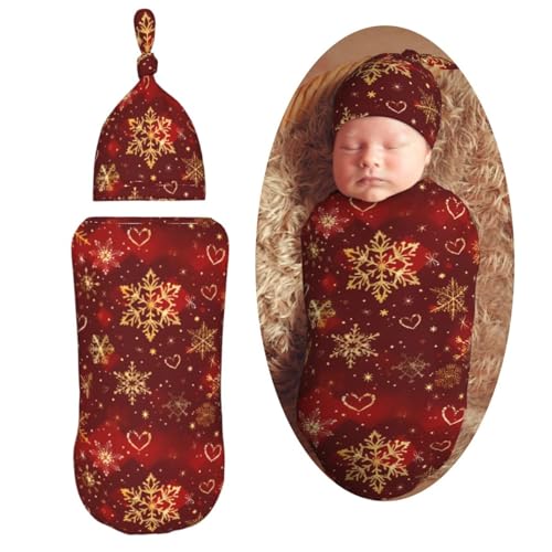Image of Red and Gold Christmas Snowflake Heart Swaddle Blanket with Beanie Hat Set Newborn Swaddle Wrap Soft Baby Receiving Blankets Baby Swaddle Blanket for Baby Boys and Girls