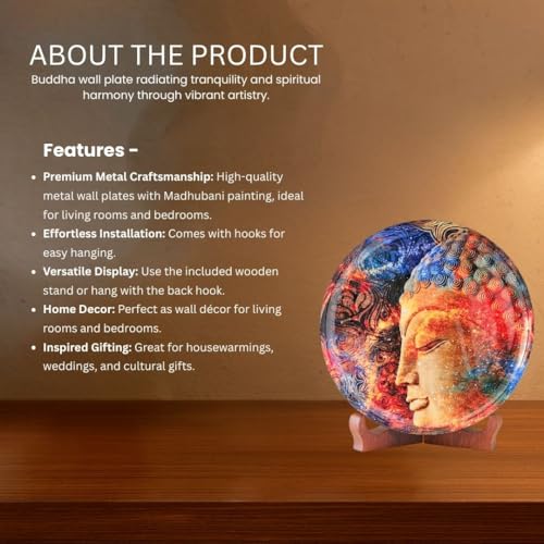 Image of RITUALISTIC Iron With Enamel Work, Mango Wood Stand Buddha Single Wall Plate 10 Inch with Stand|Wall Arts For Home Decoration, Living Room|Aesthetic Room Decor Items|Wall Hanging Show Pieces