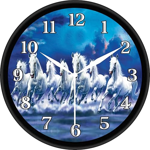 Image of AmeraKart- 7 Running White Horses Analog Wall Clock 10 Inch - Vastu Inspired Positive Energy Horse Wall Decor I Free Adhesive Hook | No Drill Installation I Living Room, Office Cabin & Home (Blue)