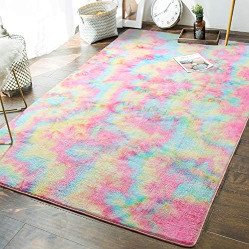 Andecor Soft Girls Bedroom Rugs, 5 x 8 Feet Large Fluffy Rainbow Area Rug for Dorm Kids Living Room Nursery Home Decor Carpet