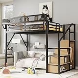 KEIKI Full Size Metal Loft Bed Frame with Convertible Staircase, Built-in Storage Shelves & Wardrobe, Loft Bed with Solid Slats & Guardrail, No Box Spring Required, Easy Assembly, for Bedroom, Black