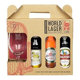 Brew House- World Lager Selection Gift Box, includes 3x330ml Lagers and Chalice Glass, Gift Set for Lager Lovers, Premium Packaging, for Him or Her, Mum or Dad, on birthdays, Christmas – Blue Tree