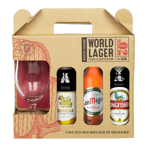 Brew House World Lager Selection Gift Box includes 3x330ml Lagers and Chalice Glass Gift Set for Lager Lovers Premium Packaging for Birthdays and Christmas