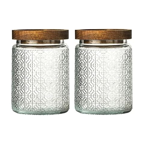 Snminetal Vintage Glass Kitchen Storage Counter Jar, Kitchen and Pantry Glass Storage, with Airtight Wood Lid for Cookies, Candy, Coffee Tea Beans, Grains,Food Storage Containers (window-pattern*2) Cover
