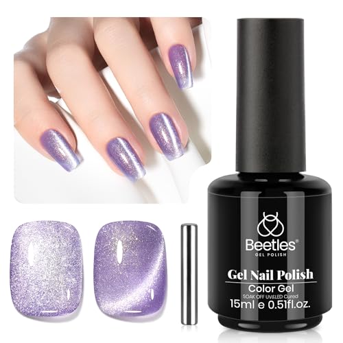 Image of Beetles Purple Cat Eye Gel Polish, 15ML Purple Cat Eye Glitter Gel Polish with Magnet Soak Off UV Shimmer Velvet Gel Twilight Lavender Series French Nail Art Design Manicure Gifts for Women