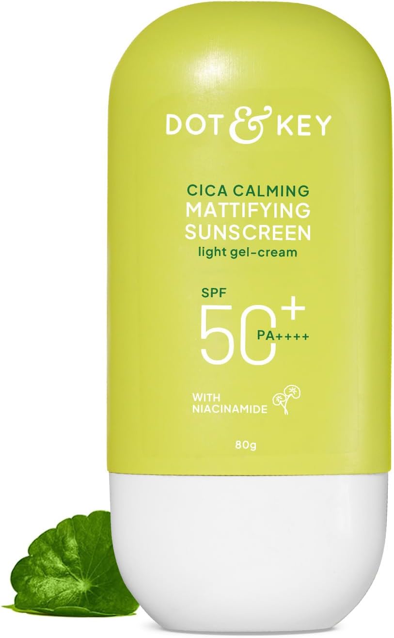 Dot & Key CICA Calming Mattifying Sunscreen SPF 50 PA++++ In-Vivo Tested | For Oily Acne Prone & Sensitive Skin | UVA/UVB Protection | No White Cast, Ultra Light, Fragrance Free & Quick Absorbing | 80g