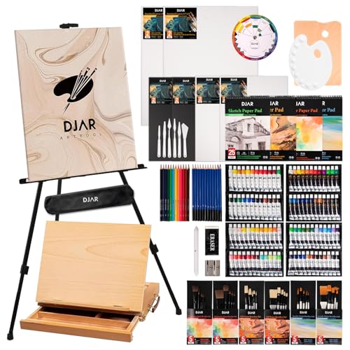DJAR 174pcs All-in-One Art Painting Set with Tabletop Easel & Tripod, Acrylic, Watercolor, Oil & Sketch Kit, 96 Acrylic, Watercolor & Oil Paint Set for Beginners, Professionals, Artists