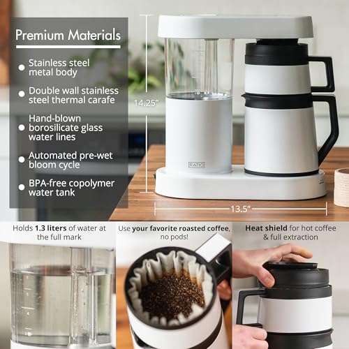 Ratio Six Coffee Maker Serie 2, automatische Übergieß-Kaffeemaschine, Kaffeekanne mit 1,25 l Brühkapazität, weiß, für 2–8 Tassen, 17,1 cm D x 34,3 cm B x 36,2 cm H – Bild 3