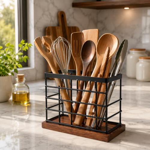 Image of MS Craft World Wooden Cutlery Holder with Metal Stand | Spoon Holder for Kitchen, Fork Organizer for Dining Table, Utensil Holder for Kitchen Counter | Rustic Wood Finish (Rectangular)