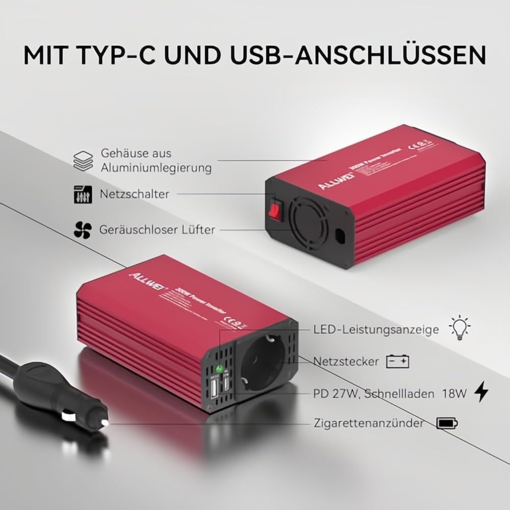 ALLWEI 300W Wechselrichter 12V auf 230V Spannungswandler, Stromwandler mit Typ-C & USB Anschluss, Inverter 12V 220V, Auto Steckdose für Auto, Laden von Handys, Laptops und Anderen Geräten(Rot)
