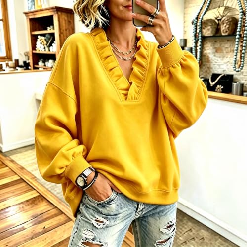 V Neck Sweatshirt Women Fleece Ruffle Oversized Sweatshirts Winter - image 2
