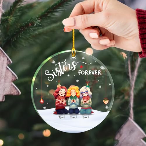 Sisters We Forever Clear Plastic Ornaments, Christmas Decorations Personalized Name Three Girls Wear Sweater Scarf with Wine Glass Acrylic Ornaments, Gifts for Sister Friends Siblings Bestie3