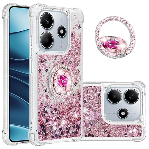 Monwutong Slim Fit Case for Redmi Note 14 4G,Soft TPU Glitter Liquid Quicksand Effect Silicone Ring Kickstand Case,Screen and Camera Protection Cover for Redmi Note 14 4G,WTZH Rose Gold