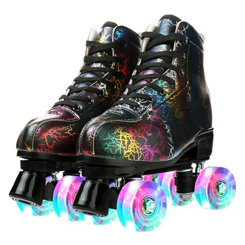 Roller Skates Classic High-top for Adult Outdoor Skating Light-Up Four-Wheel Roller Skates Shiny Roller Skates for Women (Lightning Black Flash Wheel,38)