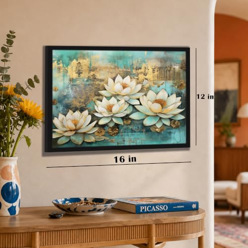 Image of PAINTINGMANTRA White Lotus Flower Framed Wall Art Painting for wall decoration, Lotus floral Poster with frame for living room, bedroom, Home and Office, 13x18 Inch