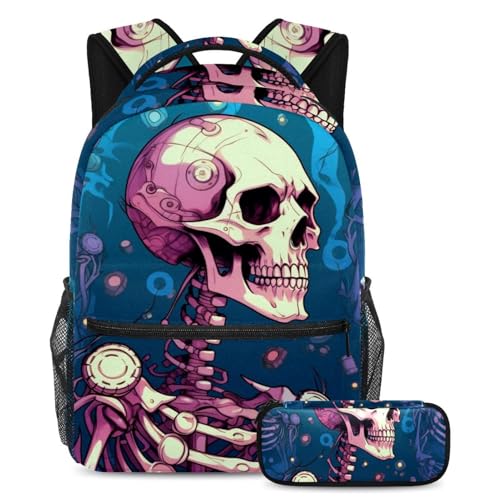 Sac à dos motif crânes punk ensemble 2 pièces grand format avec poches