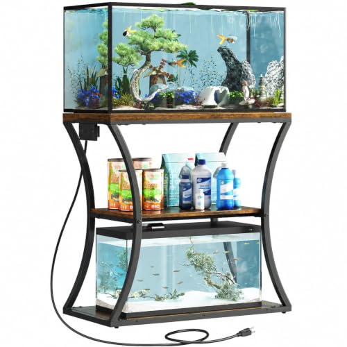 HavenlyYouth 20-29 Gallon Fish Tank Stand with Power Outlet, 3-Tier Aquarium Stand with Storage, Heavy Duty Metal Frame Tank Rack for Home Office, 31.5' L x 15.7' W x 30.4' H, Rustic Brown