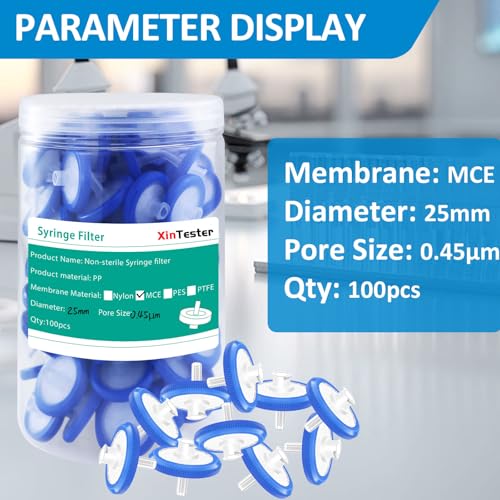 Image of Xin Tester 100 PCS Non-Sterile Syringe Filter MCE Membrane 25mm Diameter 0.45um Pore Size Hydrofilic Syringe Lab Filters