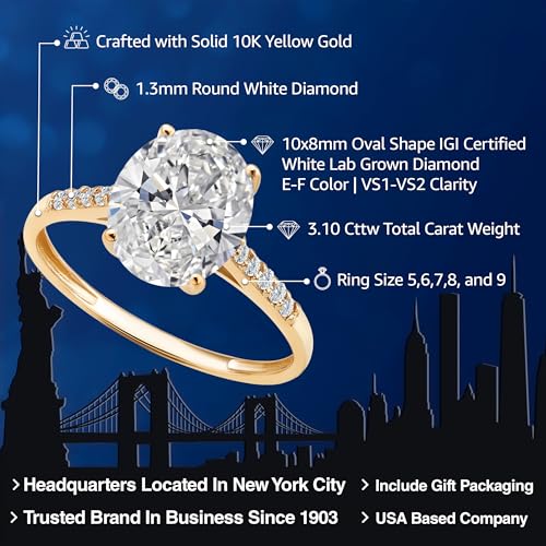 Gem Stone King 3.10 Cttw 10K Yellow Gold IGI Certified Lab Grown Diamond Engagement Ring For Women | Center Oval Diamond 3 Ct | E-F Color | VS1-VS2 Clarity | Available in Size 5 to 92