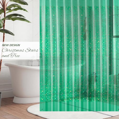 Image of ZEMAHOME Green Holographic 3D EVA Shower Curtain Liner Glitter Star, 72x72 Premium Light Weight Plastic Bathroom Shower Curtain with Rustproof Metal Grommets for Shower Stall, Bathtubs(No Hooks)
