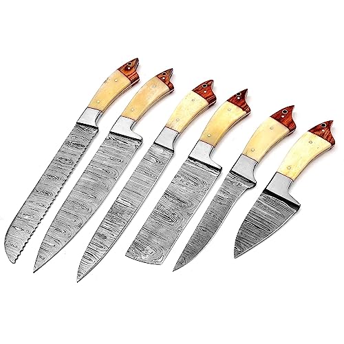 HUNTING HUNTS Professional Kitchen Knives Custom Made Damascus Steel – 6 Pcs of Sharp Chef Knife Set with Leather Roll Bag