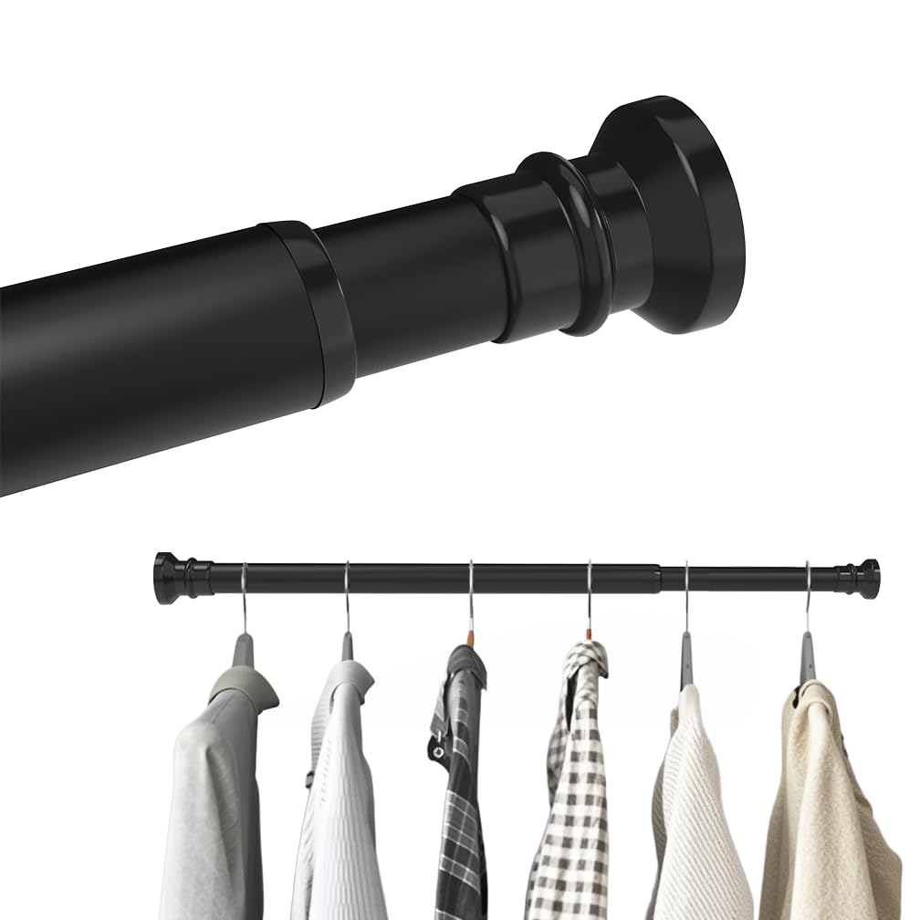 Hershii Extendable Wardrobe Rail 70-116cm, Adjustable Shower Curtain Rod, Clothes Hanging Tension Pole, No Drilling, Telescopic Rods for Kitchen Closet Cupboard Bathroom Window, Black