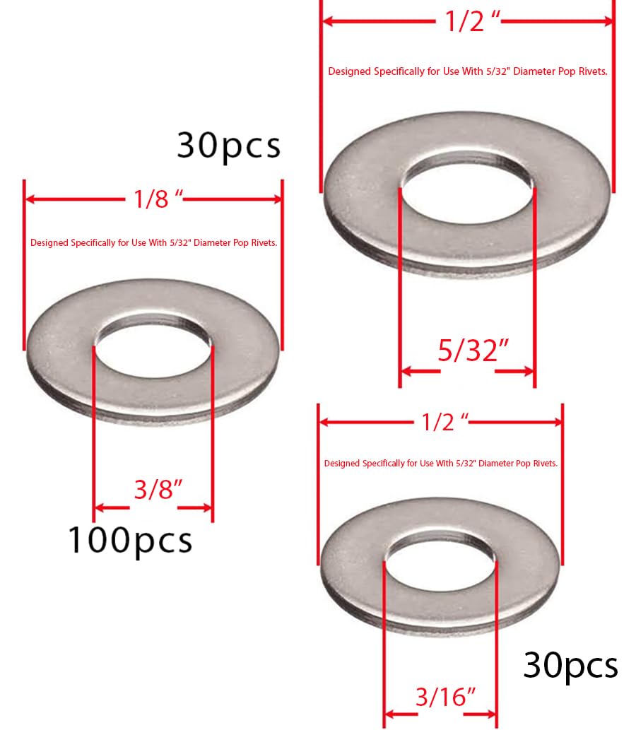 Persberg 500pcs Aluminum Blind Rivet Assortment Kit - 1/8", 5/32", 3/16" Sizes With Backup Washers
