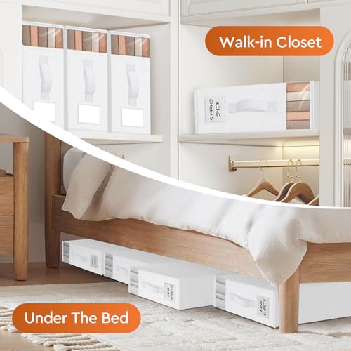 Image of StorageTastic 6 Pack Bed Sheet Closet Organizers and Storage,Sturdy Foldable Storage Containers with Window and Label,Storage and Organization for Bedding Sheets,Duvet Covers,Blankets (White)