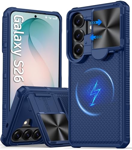 Image of Magnetic for Samsung Galaxy S26 Case,[Slide Camera Cover][Kickstand][Compatible with Magsafe][Military Grade Protection] Shockproof Rugged Case for Galaxy S26, Blue