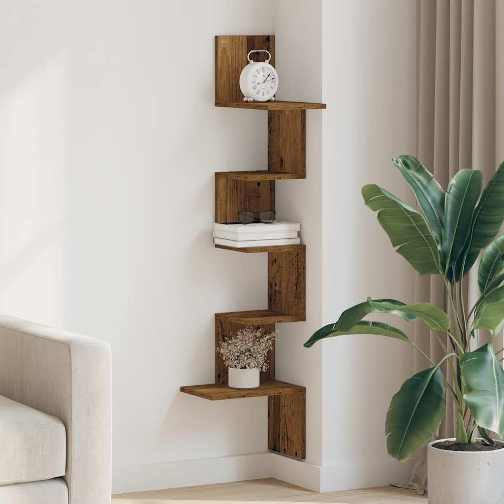 Wand-Eckregal Altholz-Optik 32x32x127,5 cm Holzwerkstoff | Platzsparendes Design, Multifunktional für Wohnzimmer, Pflegeleicht mit feuchtem Tuch