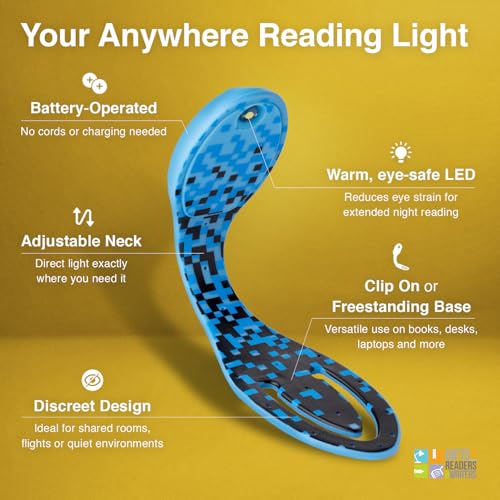 Image of Gifts for Readers & Writers Book Light, Clip On Reading Light for Bed, 2in1 Flexilight & Bookmark, Small & Lightweight with a Soft Glow, 2 Batteries Included, Blue Digital