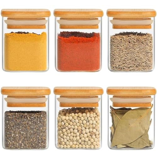 Image of Glass Food Storage Containers with Airtight Bamboo Lid, Coffee Storage Jars for Home Kitchen, Pantry Tea, Spices, Snack (SQUARE 230 ML JAR, SET OF 12)