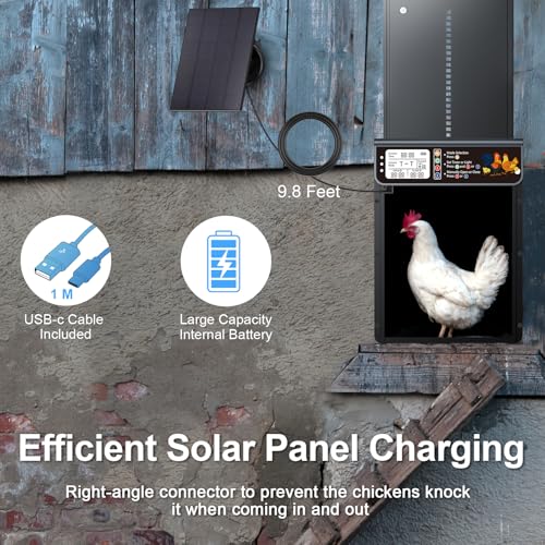 Image of Automatic Chicken Coop Door Solar Powered, LCD Display Automatic Chicken Door with Timer & Light Sensor, Solar Chicken Coop Door with Remote Control, Anti-Pinch Function and Made of Al-Alloy