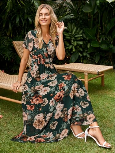 Image of Simplee Womens Floral Maxi Dress - Short Sleeve Summer Boho Wedding Guest Dress Empire Waist Chiffon Modest Midi Dresses