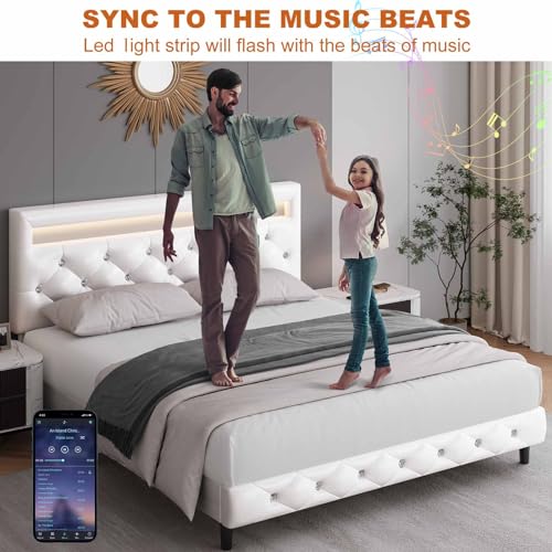 Keyluv Modern Full Size Upholstered Bed Frame with LED Lights and Tufted Headboard - White
