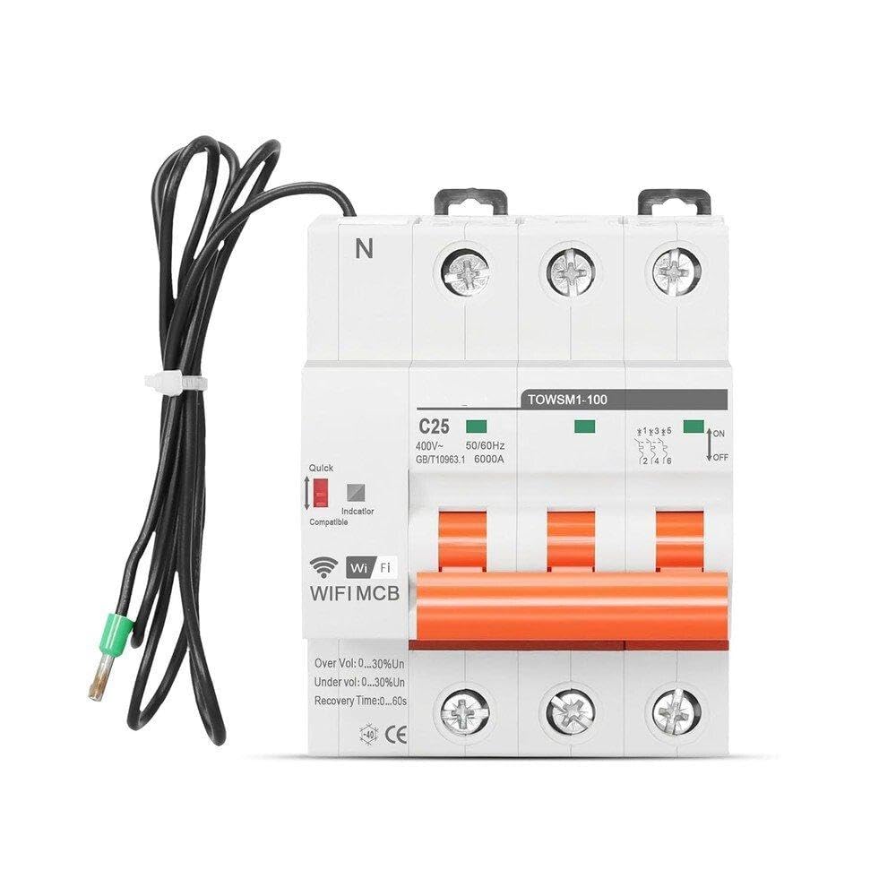 Interruttore Magnetotermico Intelligente WiFi, 63A 100A 3P per Guida DIN con Protezione Sovraccarico e Cortocircuito, Doppia Protezione Termica-Magnetica per Impianti Solari e Quadri Elettrici,20A-3P