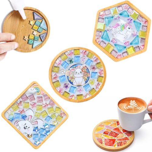 GHAHILI 3 Sets DIY Mosaic Kits for Adults Women Glass Mosaic Tiles for Crafts with Wooden Coasters Mosaic Art Kits Craft Mixed Color Handmade Making Kit Set Decorations for Home Gifts