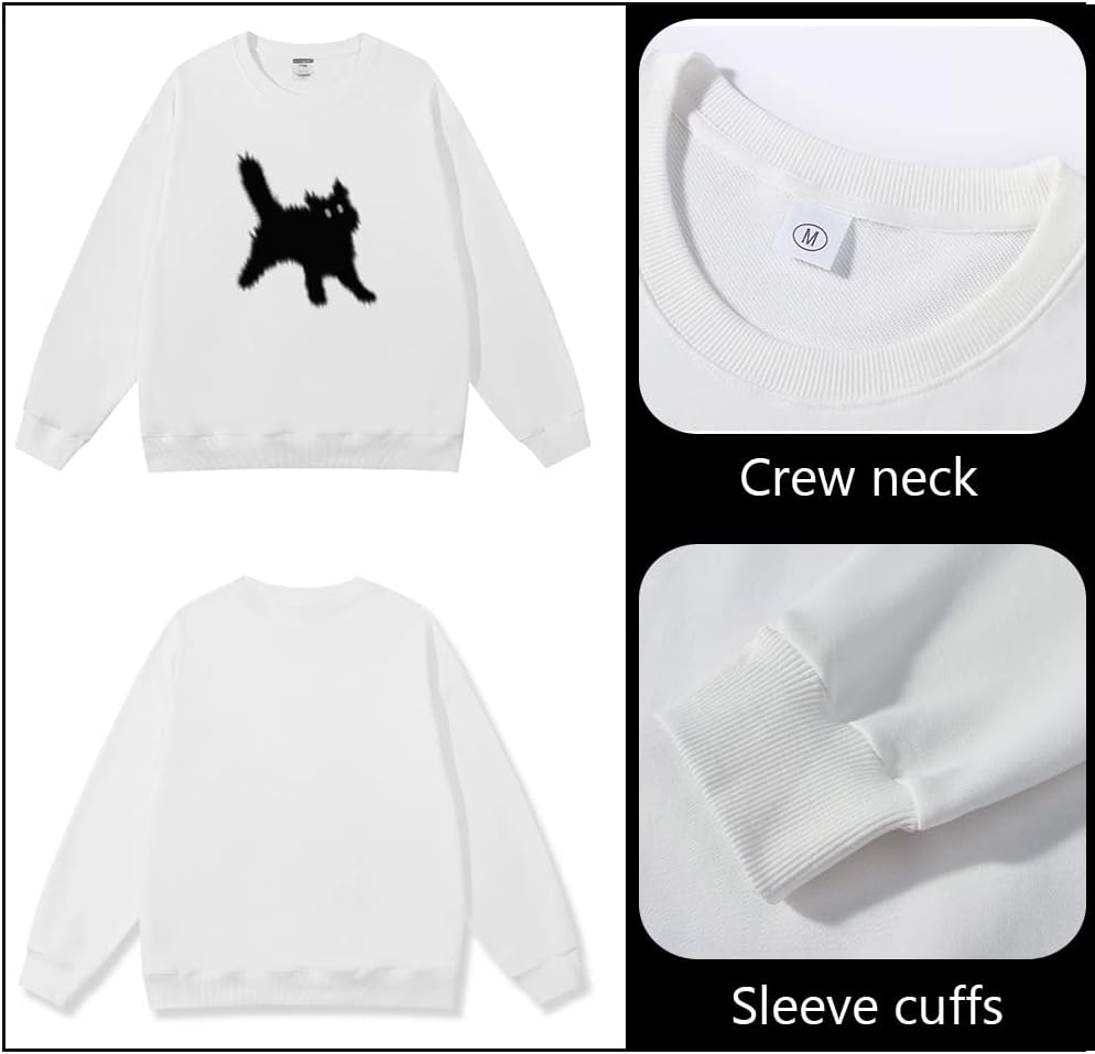 Women's Crewneck Sweatshirts Oversized Casual Long Sleeve Cotton Fall Tops Cute Cat Pattern Pullover Sweatshirt - Image 3