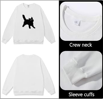 Women's Crewneck Sweatshirts Oversized Casual Long Sleeve Cotton Fall Tops Cute Cat Pattern Pullover Sweatshirt