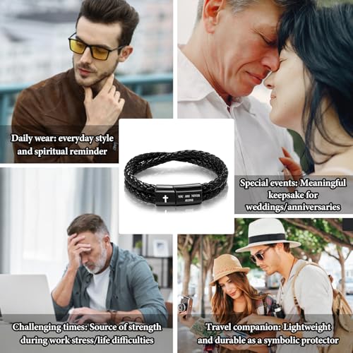 Leather Cross Bracelet for Men Christian Bible Verse Black Stainless Steel Bracelet, Inspirational Birthday Christian Graduation Gifts Ideas for Soulmate Boyfriend Man Dad Husband Grandson Son3