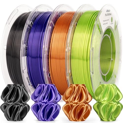 Image of AMOLEN PLA 3D Printer Filament Silk PLA Filament 1.75mm Silk Filament Pack Black /Red Copper /Purple /Neon Green 3D Printing Filament Bundle for Holiday 3D Printing, 200gX 4 Spools