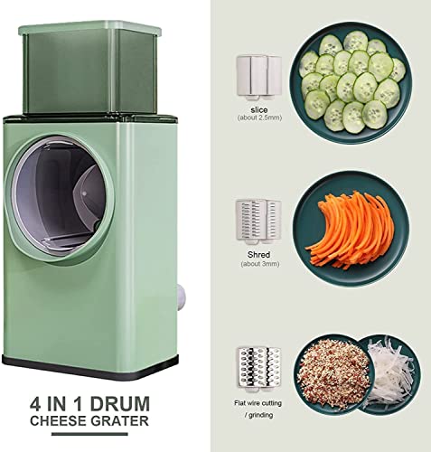 Image of Rotary Vegetable Slicer and Grater, 4-in-1 Mandoline with Slicing, Julienne, Shredding Blades, Green, Large Feed Port with Suction Base