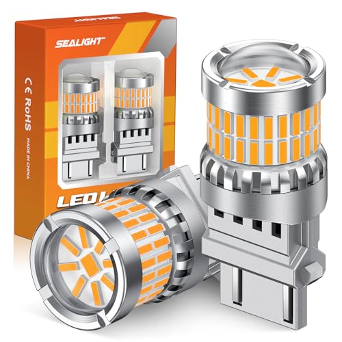 SEALIGHT Turn Signal Light Bulbs, 3157 LED Bulb Amber, 700% Brighter 3157A 3156 3057 4157 LED Bulb 57-SMD LED Chipset with Projector Len & Load Resistor for Turn Signal Light, Parking Light, 2Pcs