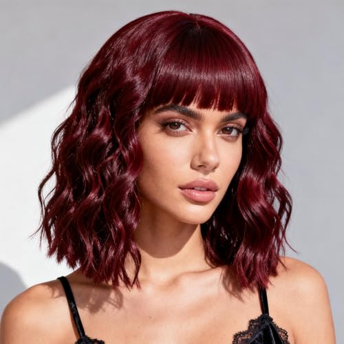 Wine Red Wigs for Black Women Soft Short Bob Style Wigs with Bangs for Women Synthetic Shoulder Length Women's Curly Wigs for Cosplay Halloween Costumes Daily (Burgundy)