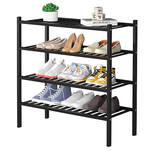 4 Tier Bamboo Shoe Rack for Closet Free Standing Wood Shoe Shelf for Entryway Small Space Stackable 27"x11"x26" (Black)