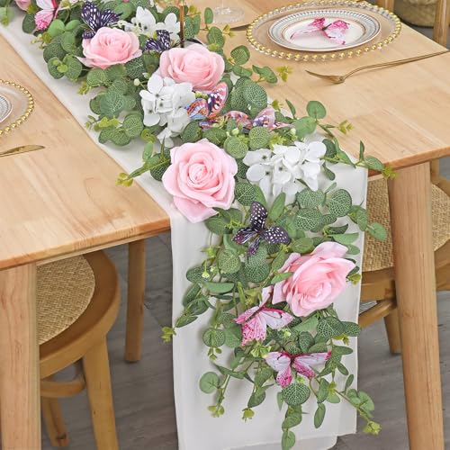 ASTNIC 2 Pack 5.9FT Artificial Eucalyptus Flower Garland with 3D Butterfly, Fake Rose Flower Vine Seeded Greenery Foliage Eucalyptus Garland for Wedding Backdrop Arch Wall Table Runner Room Decor - Image 3