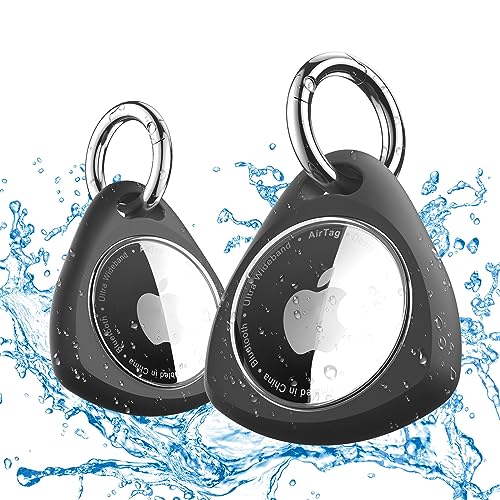 iFalarila 2 Pack Waterproof Airtag Holder Case, 360° Protective Airtag Keyring Holder, Shockproof, Anti-Scratch TPU Full Cover Case for Luggage, Pet Collar, Bag, Accessories for Apple AirTag-Black