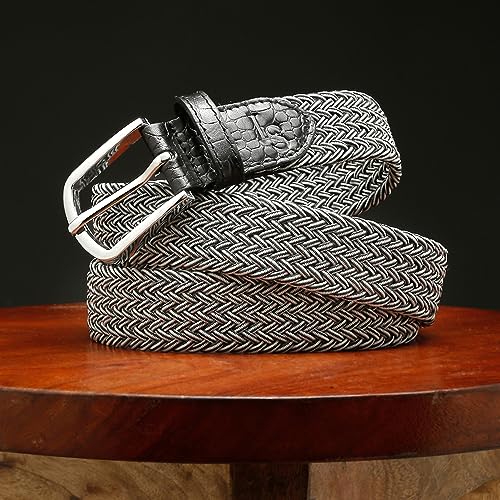 Image of LOUIS STITCH Men's Braided Elastic Stretch Belt with Leather Tipped End Stretchable Canvas Waist Band for Men Women Boys Girls Unisex (Width 3 cm) (BE-EL)