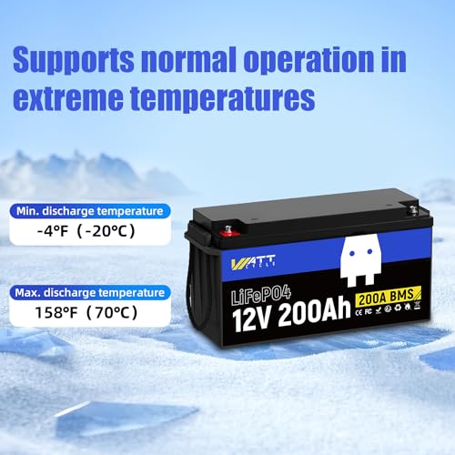 Image of WattCycle 12V 200Ah Mini LiFePO4 Battery with 12Volt 40A Charger, Lithium 200ah Deep Cycle Marine Trolling Motor Battery IP67, BMS 200A, A+ Cells, Low-Temperature Protection
