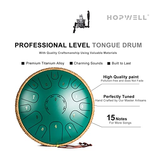 Steel Tongue Drum - Hopwell 14 Inches 15 Notes - Percussion Instruments - Hand Pan Drums With Music Book, Drum Mallets And Carry Bag, C Major, Green #TOP2